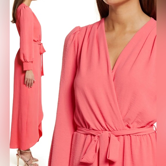 FRAICHE BY J Wrap Front Long Sleeve Dress in Coral - Picture 2 of 13